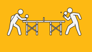 Graphic of two people playing ping pong with gold background